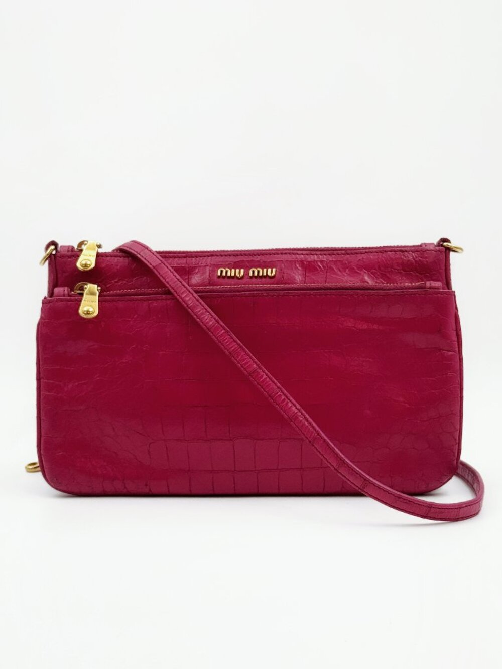 Miu Miu Pink Croc Embossed Leather Crossbody Shoulder Bag Double Zip